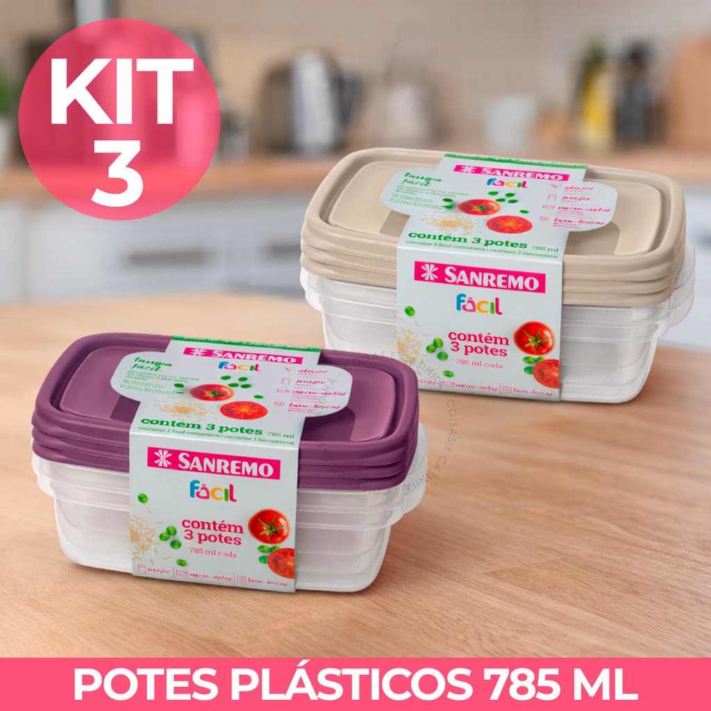 Kit 3 Potes Herméticos Sanremo 785ml Retangular Marmita Freezer Microondas BPA Free Tampa Vedação