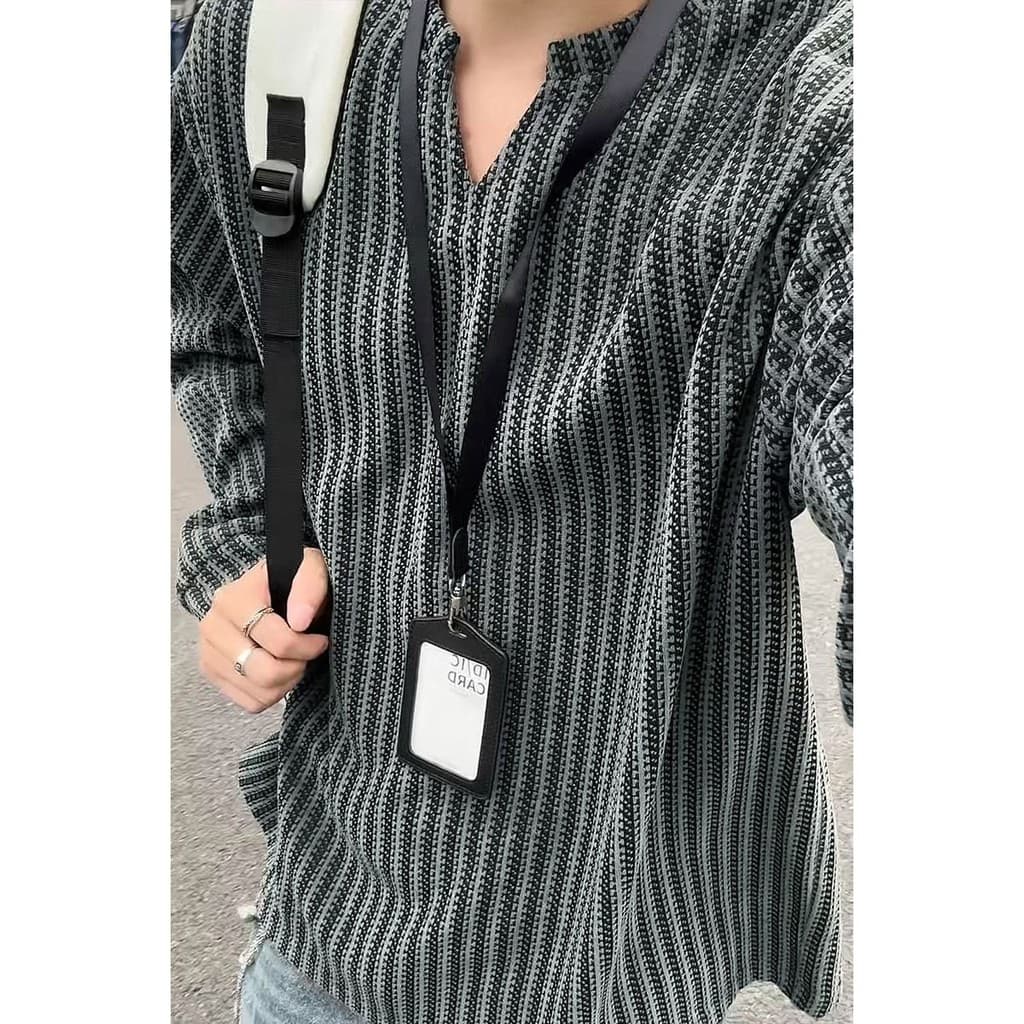 Corvo padrão com decote em v manga comprida camiseta masculina outono preto branco cor-bloqueando listrado camisa de fun