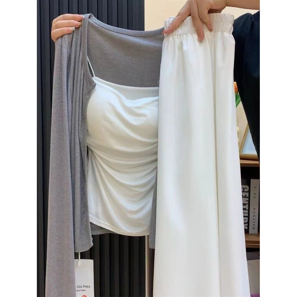 Puro desejo elegante terno feminino primavera outono estilingue All-Match cinza Cardigan cintura alta plissado a linha s