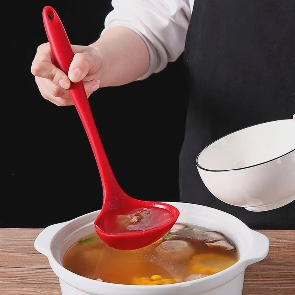 Concha de Silicone Vermelha Cozinha Pegador Talher Calor Antiaderente Servir Sopa Feijao Molho