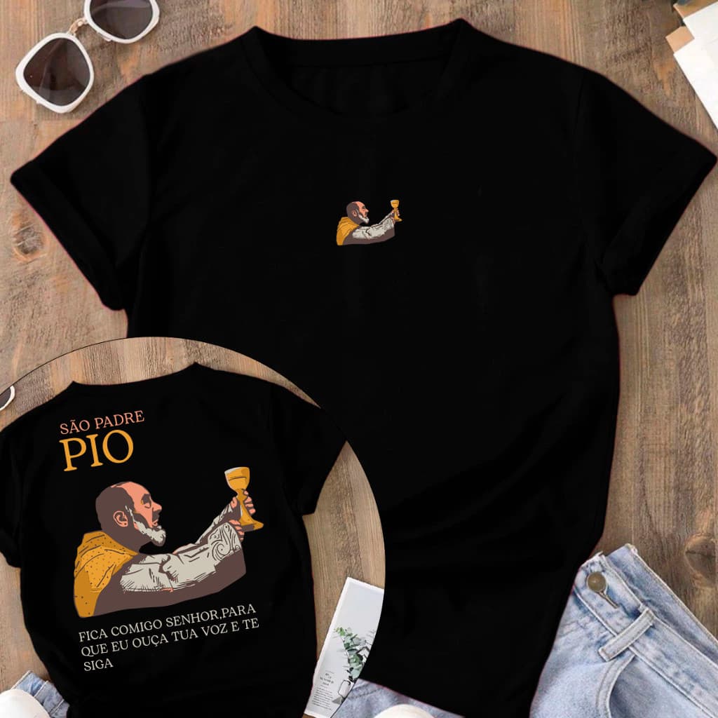 [Camiseta Premium em Algodão Puro]CC Camiseta Tradicional São Padre Pio Religiosa Cristã 100% Algodão Unissex