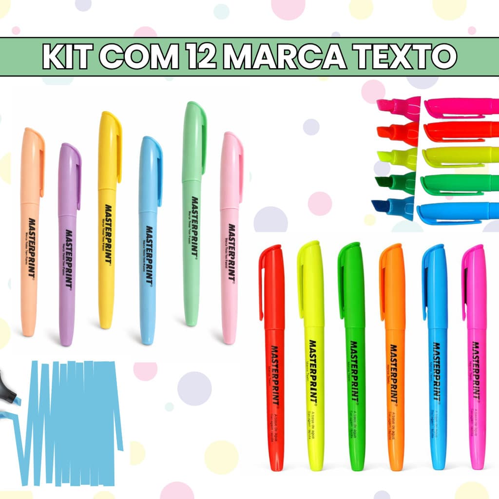 12 Marca Textos Coloridos Masterprint   6 Tons Neon + 6 Tons Pastel Material Escolar