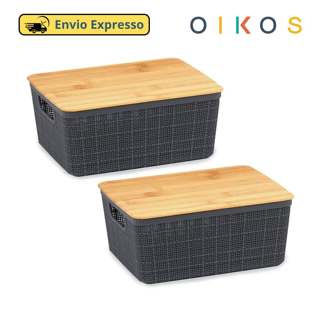 Kit 2 Caixas Organizadoras Tampa Bambu 12L Cinza – Oikos