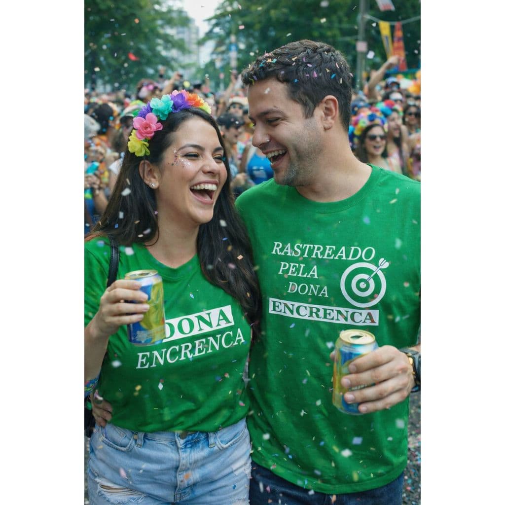 KIT Casal 2 Camisetas (Rastreado pela dona encrenca) para festas e carnaval 100% Algodão Vermelha/ Verde/ Rosa/ Preto
