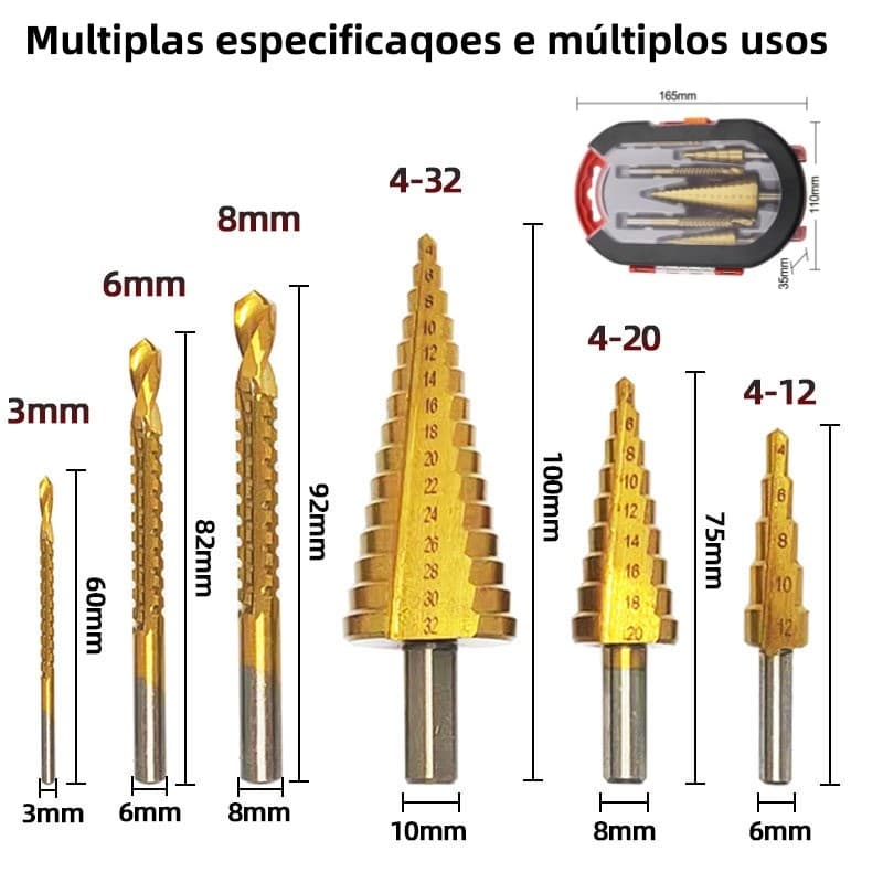 Conjunto de brocas para pagode de 6 peças, 3 etapas + 3 corte lateral de aço titânio, alta resistência ao desgaste, ferr