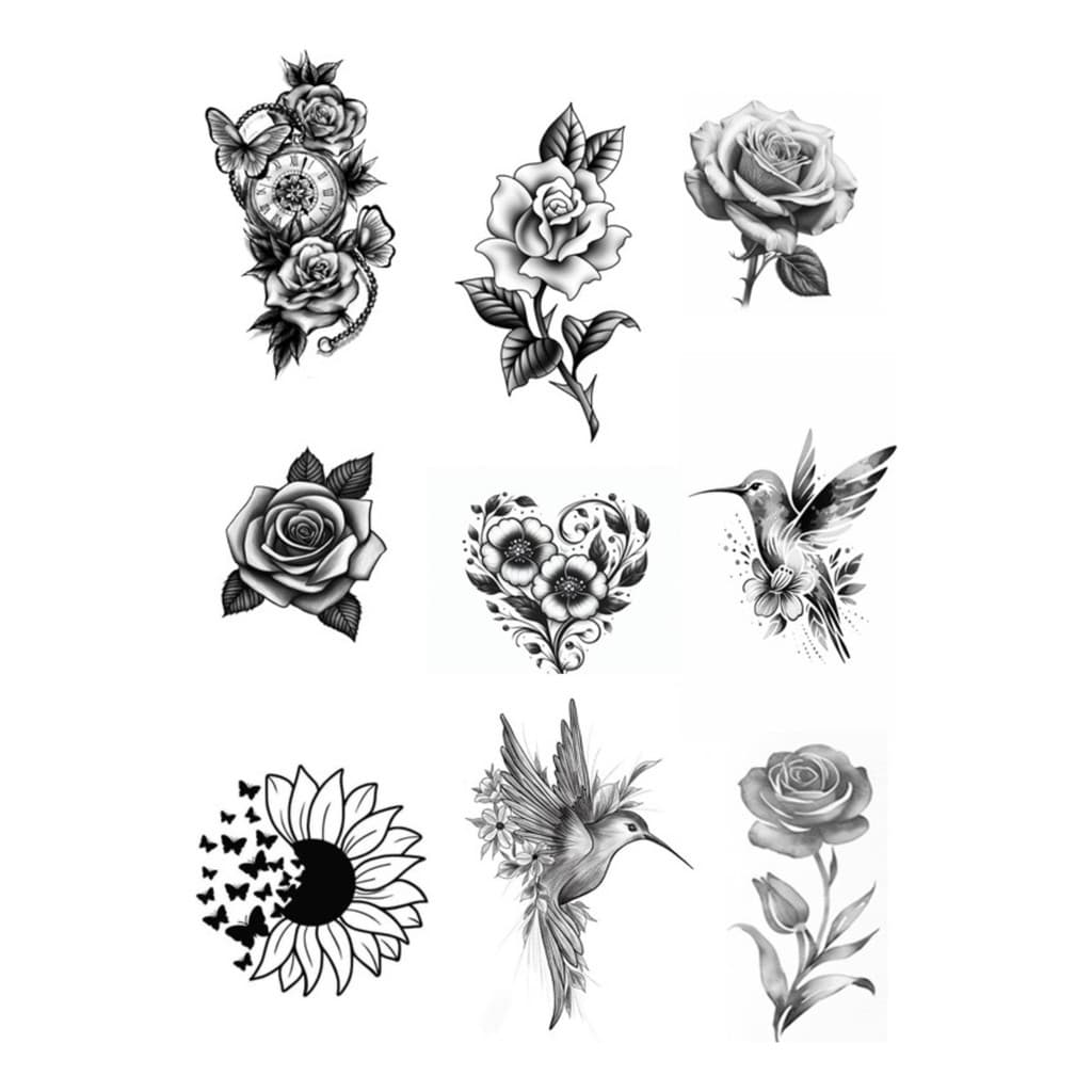 01 Cartela Tatuagem Temporária Floral P Feminina com 9 Tatuagens