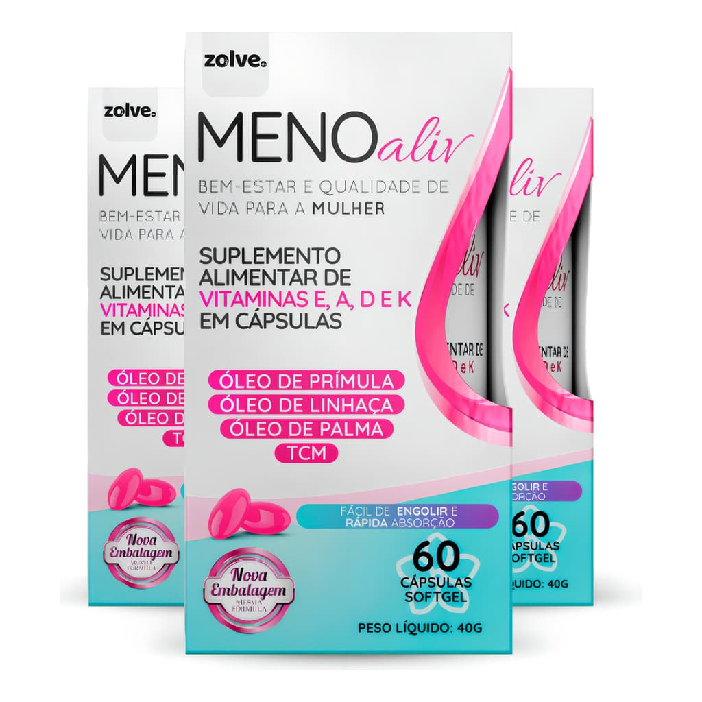 3pt Meno Aliv® - Óleo Prímula, Linhaça, Palma, Vitamina A D E K, Suporte Hormonal Alívio Menopausa