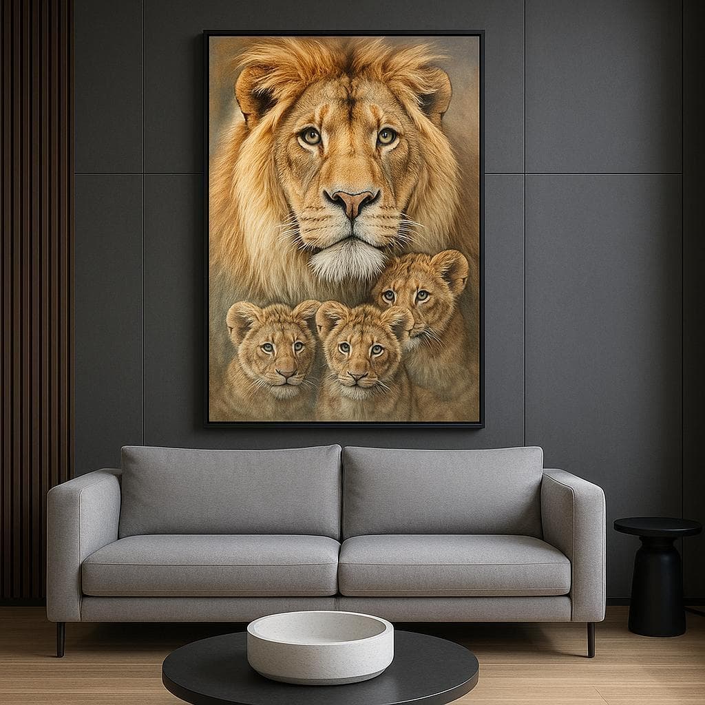 Quadro Decorativo Leão Família Filhotes Mosaico Sala Quarto Escritório Hall.