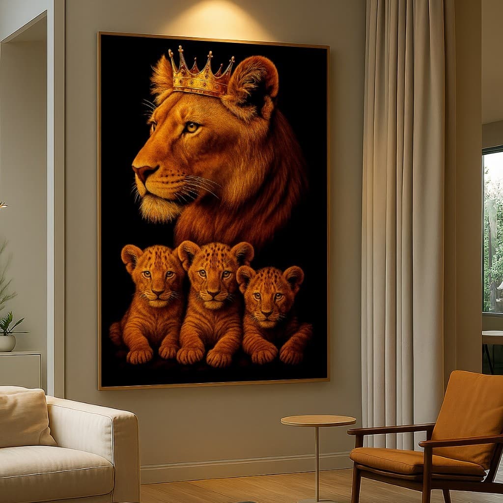 Quadro Decorativo GRANDE Alta Resolução Para Sala Quarto Escritório Quadro Leoa com coroa 3 filhotes