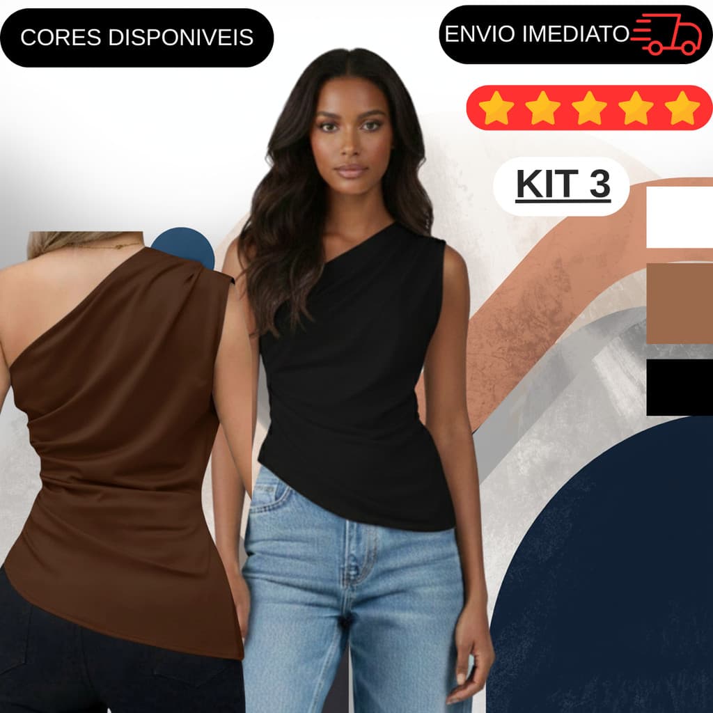 KIT 3 Blusa Feminina Elegante Mula Manca Assimétrica Casual Ombro Único Com Franzido