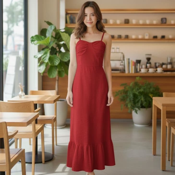 Vestido Midi com Alças Reguláveis e Babado Elastex nas Costas