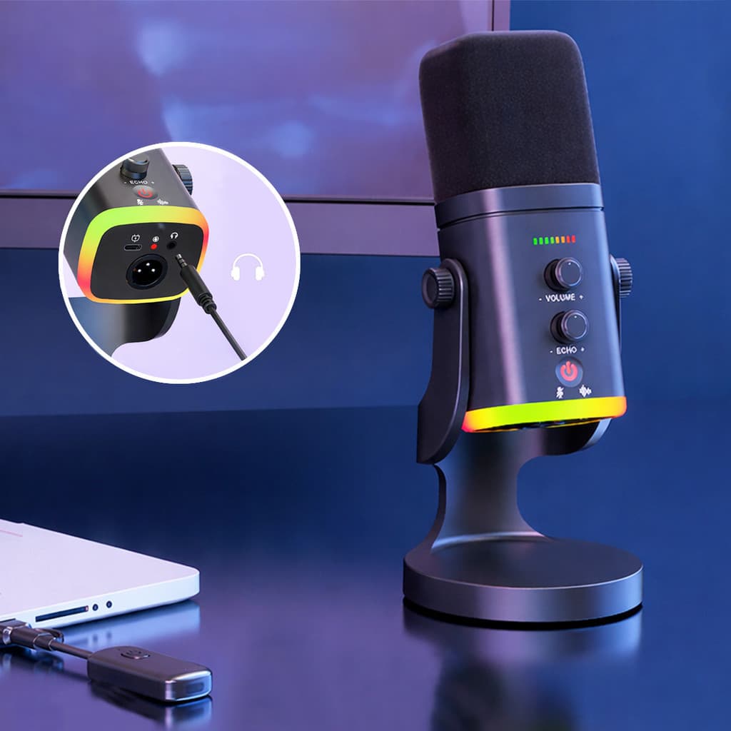 Microfone Gamer Sem Fio Wireless Dinâmico Ampligame Led Rgb Preto Fire Phoenix Bk-am8 Pro