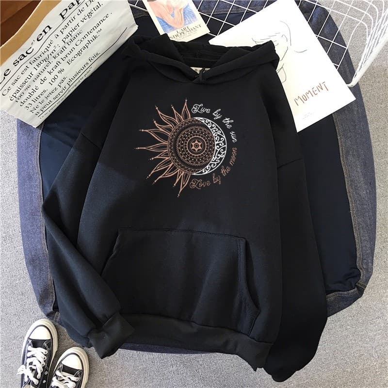 Moletom Feminino Unissex Com Capuz E Com Bolso Estilo Gringo Forrado Estampado Sol E Lua