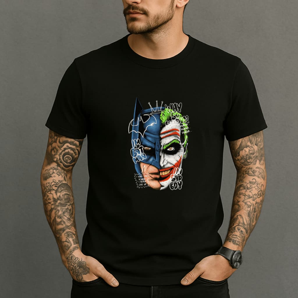 Camiseta Masculina Batman & Coringa Meia-Face Manga Curta Gola Redonda  Camisa 100% Algodao