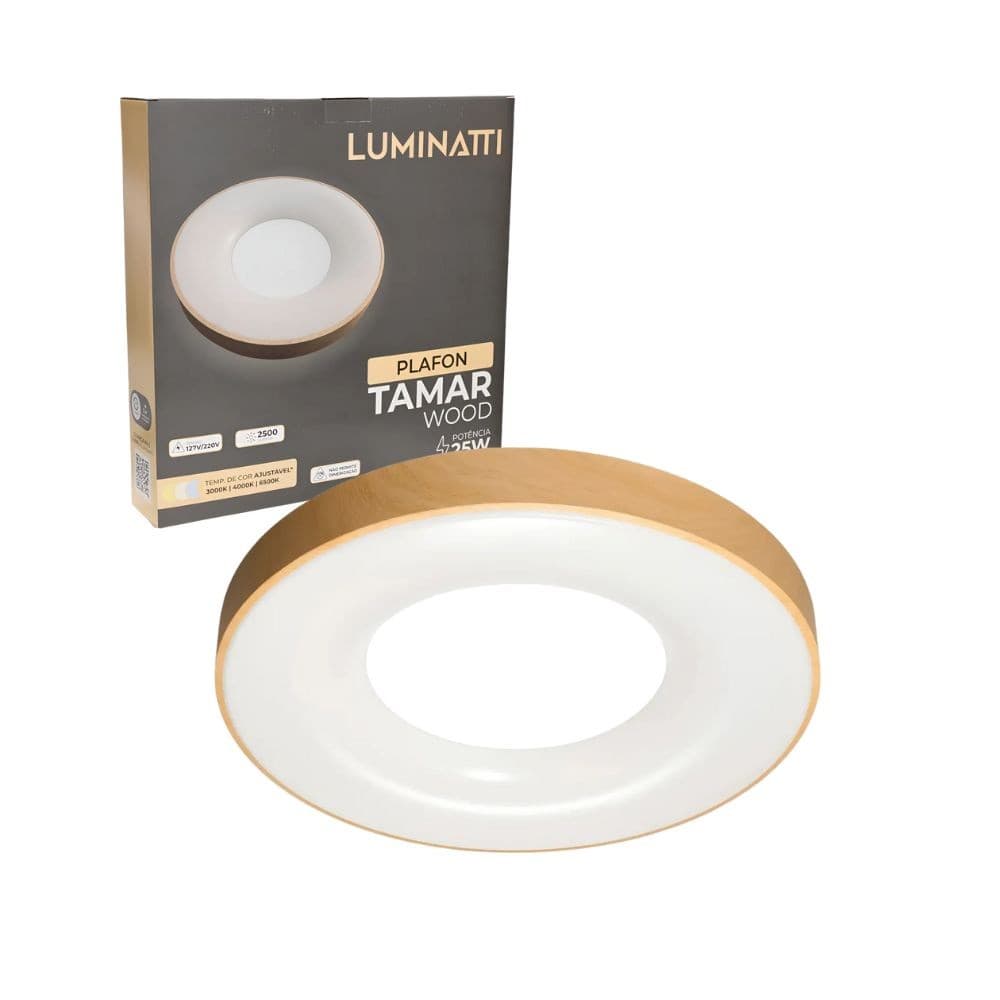 Plafon LED Sobrepor Tamar 40cm 25W Multicor Wood - Luminatti