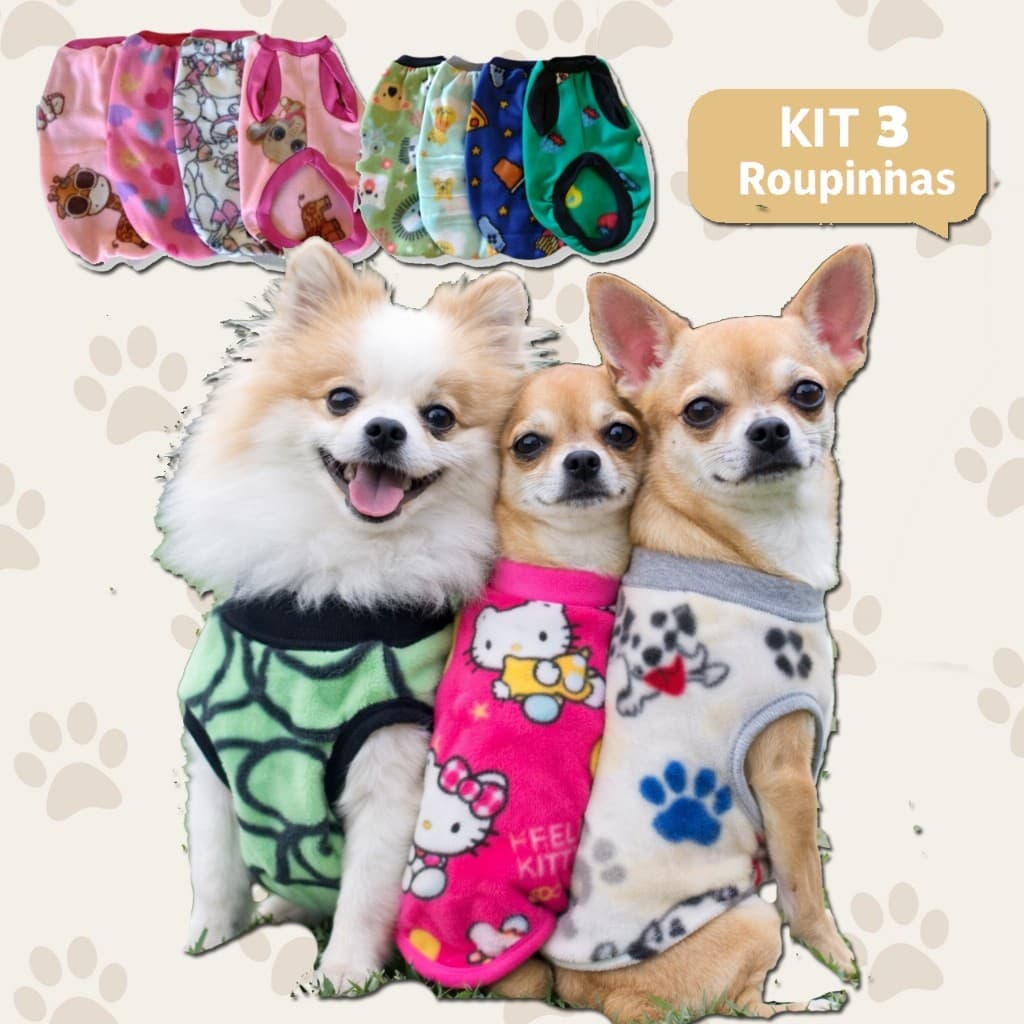 KIT 3 Roupas Cachorro PET Filhote Macho Fêmea Tamanho 1 Roupinha Tecido Macio Confortável Estampas Desenho