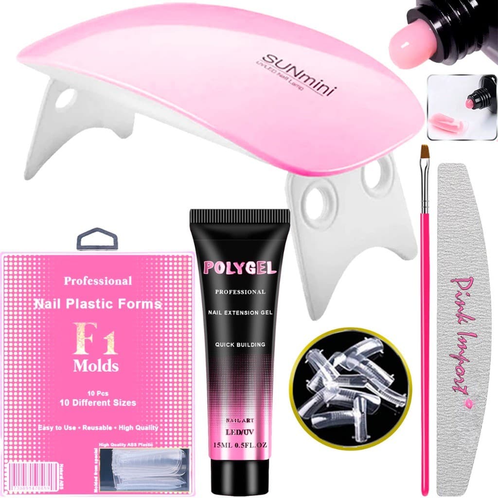 Kit Unha Pollygel Cabine SunMini Portatil Molde F1 Lixa de tips Unhas Postiça AF