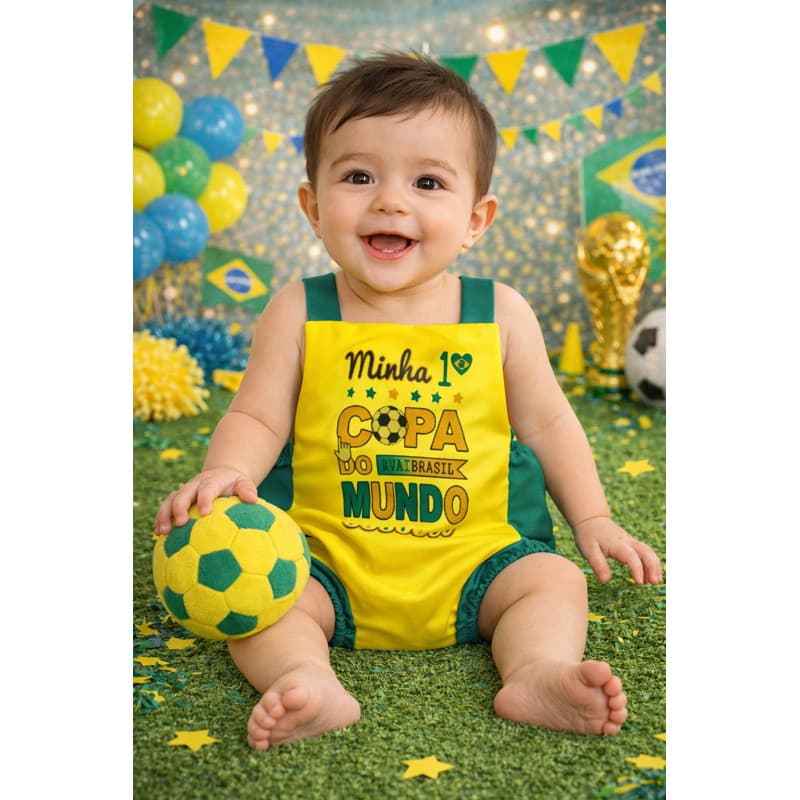 Body Bebê Temático Brasil copa do mundo 2026 jardineira romper banho de sol menino blogueirinho pequeno torcedor futebol