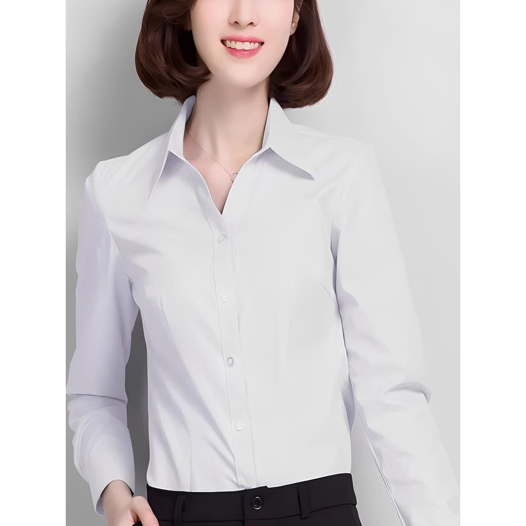 Novo estilo primavera com decote em V camisa branca de manga comprida temperamento feminino trabalho superior Commuter H