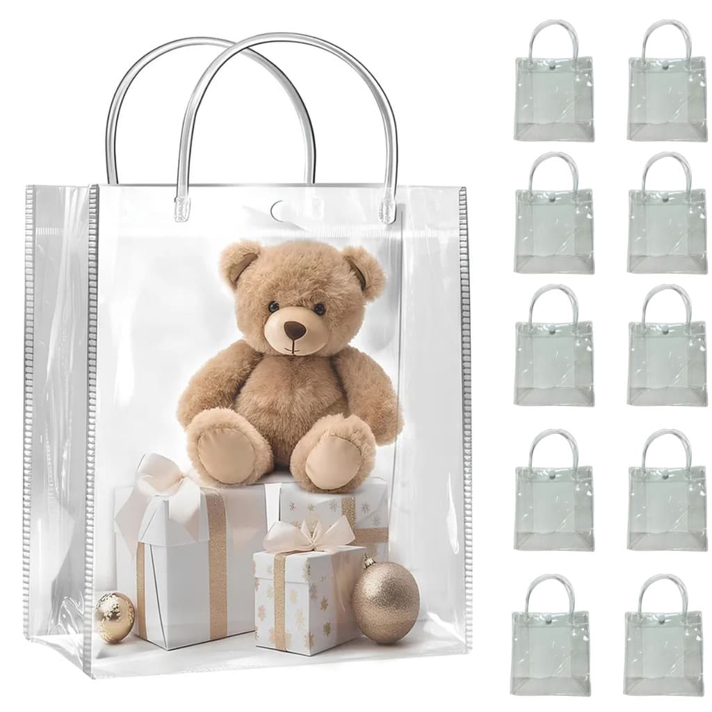 Kit 10 Sacolas Plástica 20x20 Transparente Pvc C/ Botão Alça Embalagem Lembrancinha Casamento