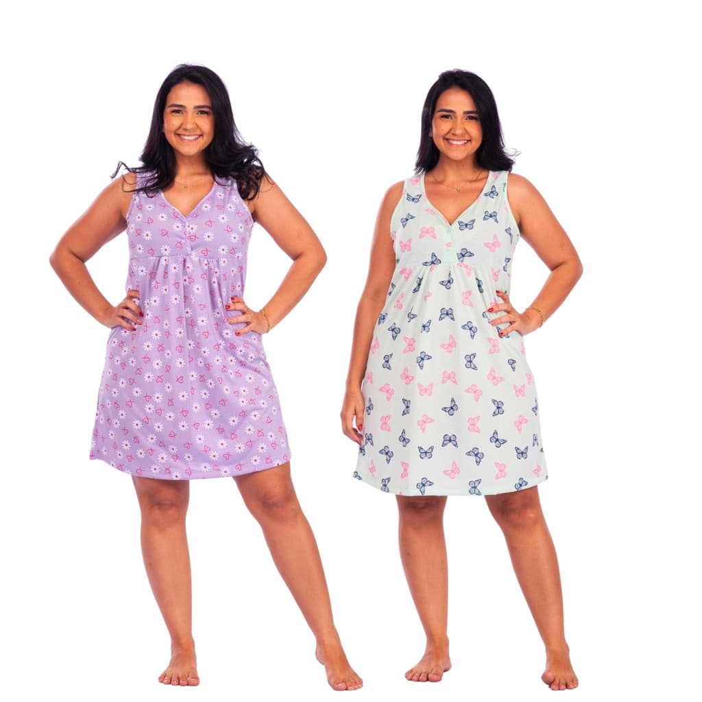 Kit 2 Camisola Feminina Dormir Estampada Regata Confortavel Malha Leve Fresquinha