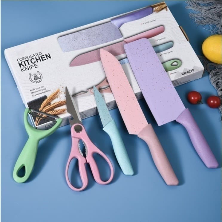Kit Facas Coloridas Inox 6 Peças Chef Cutelo Faca de Pão Faca de Frutas Descascador Tesoura Cozinha Profissional