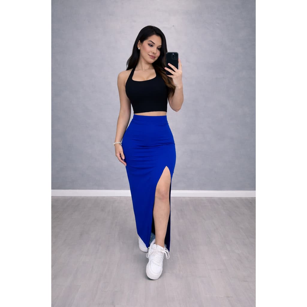 Conjunto Feminino Cropped Halter + Saia Longa com Fenda Look Elegante