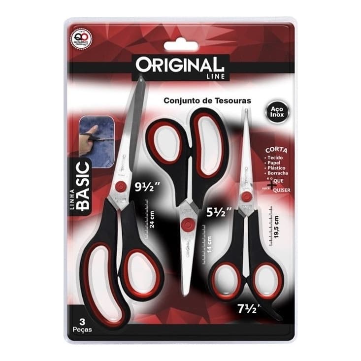 Kit 3 Tesouras Multiuso Aço Inox Profissional Corte Preciso Papel Tecido Escritório Escola