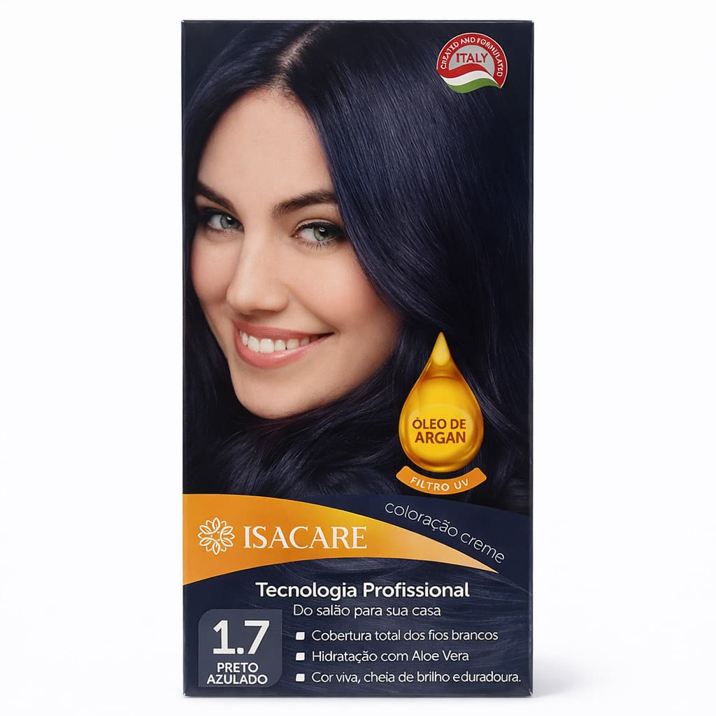 Kit Coloração Creme Profissional  - 1.7 Preto Azulado + OXIGENADA - Isacare  - BR