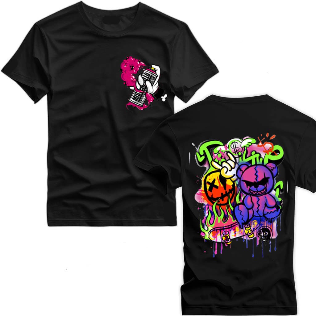 Camiseta Masculina Estampa Boneco Spray Desenho Colorido Frente e Costa Blusa Algodão Malha Premium