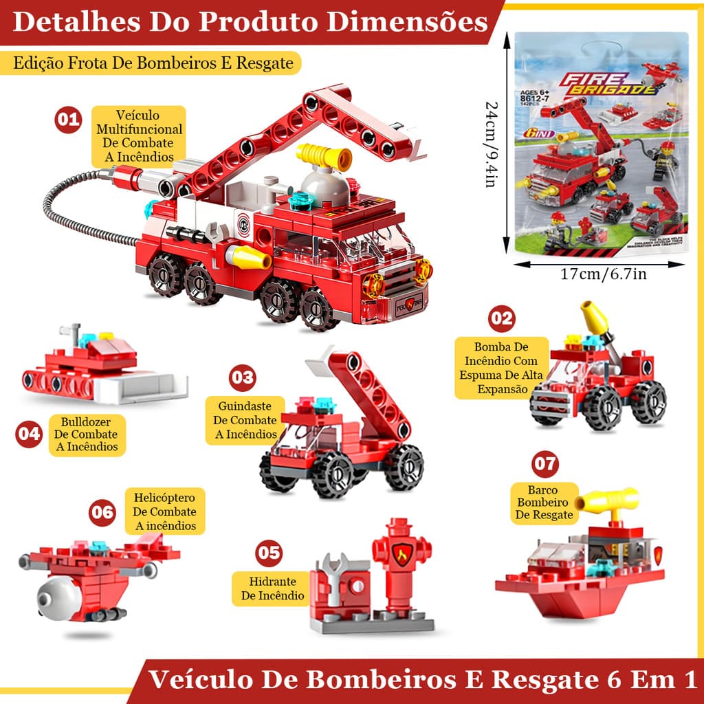 Kit Blocos de Montar Carros 6 em 1 7 Modelos - Steam Train, Tanque, Polícia, Bombeiro, Marinha, Engenharia, Militar