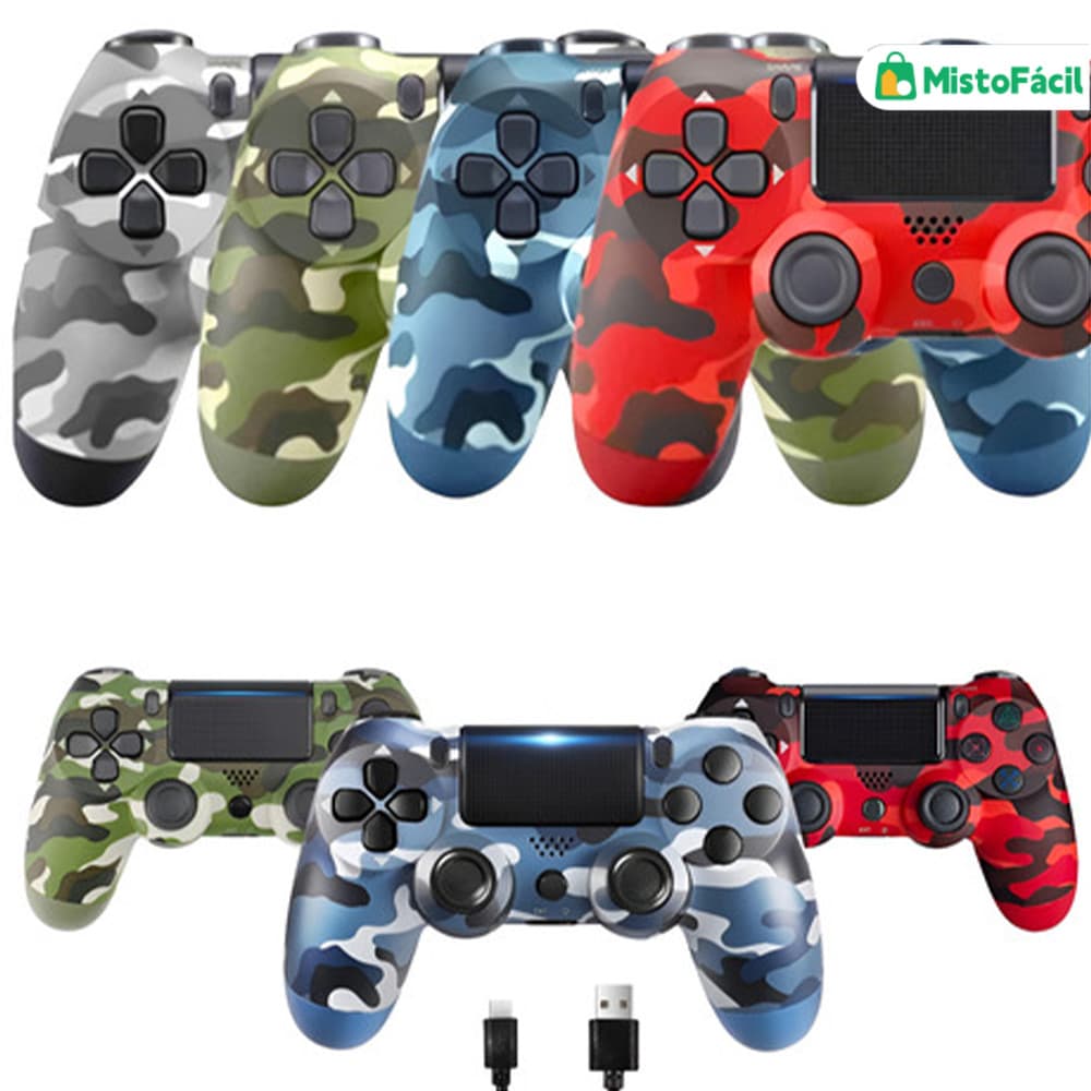 Controle sem fio com design camuflado para PS4, acompanhado de cabo de carregamento e recursos avançados