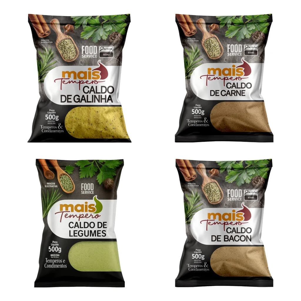 Kit Caldos: 1 Galinha 500g + 1 Carne 500g + 1 Legumes 500g + 1 Bacon 500g