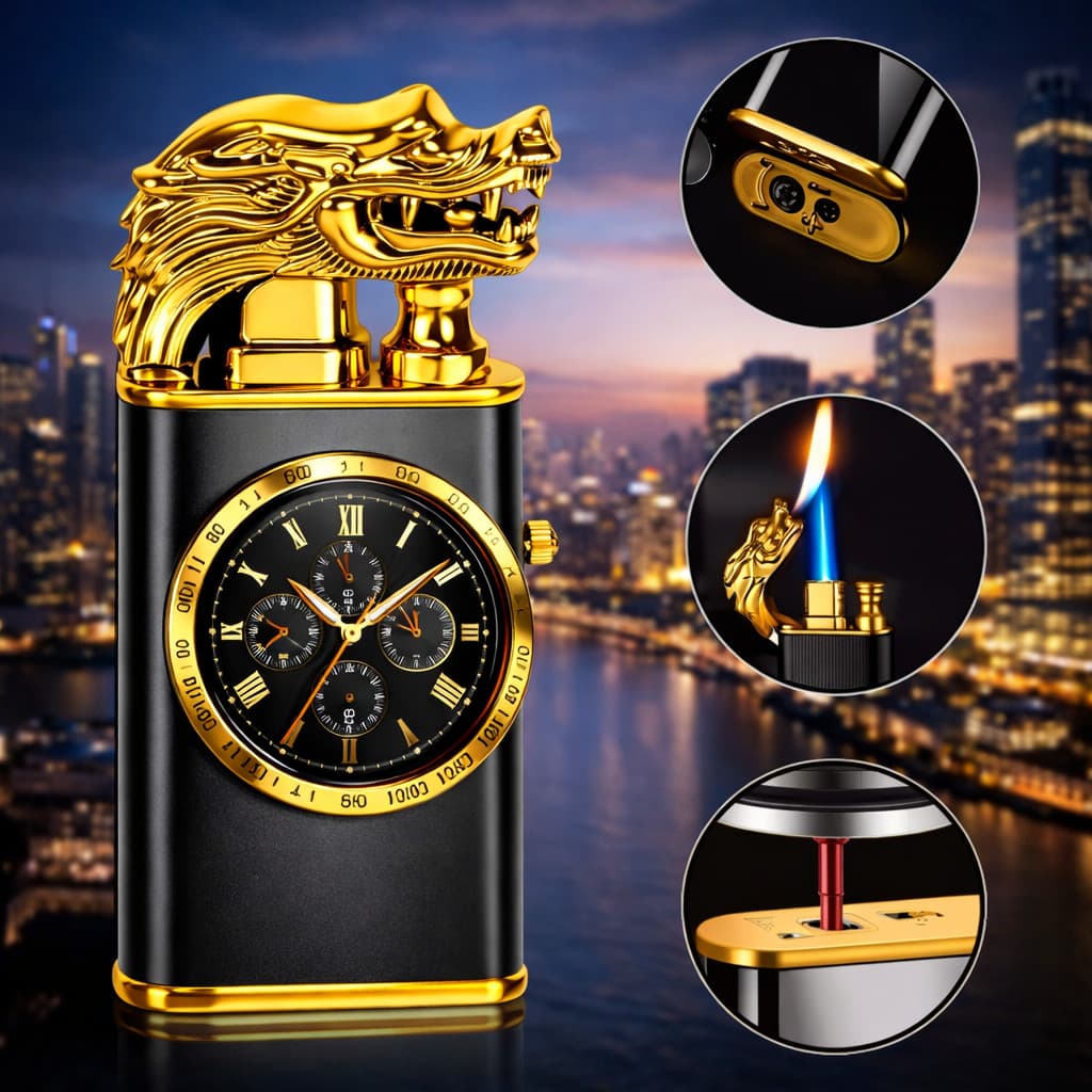 Isqueiro Maçarico Relógio Dragão Chama Dupla Luxo Vintage Recarregável (Sem Gás) Acessório Masculino Premium Top