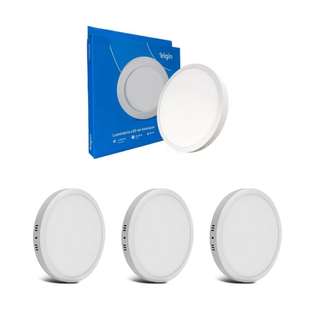 KIT 3 Painel Plafon Led Sobrepor Redondo 18w 6500K Elgin