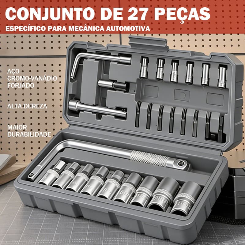 Kit Jogo De Ferramentas Soquetes 27 Peças Cromo Vanádio Completo Titanium