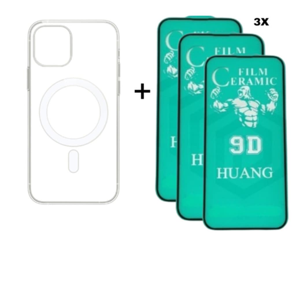 Kit 4em1 Capa MagSafe + 3 Películas Cerâmica iPhone 11 12 13 14 15 16 Pro Max _BoutAcs