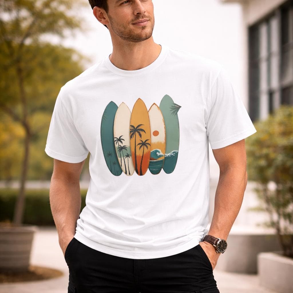 Camiseta Masculina de Algodão Básica com Estampa Vintage de Pranchas de Surf Estilosa Envio Rápido