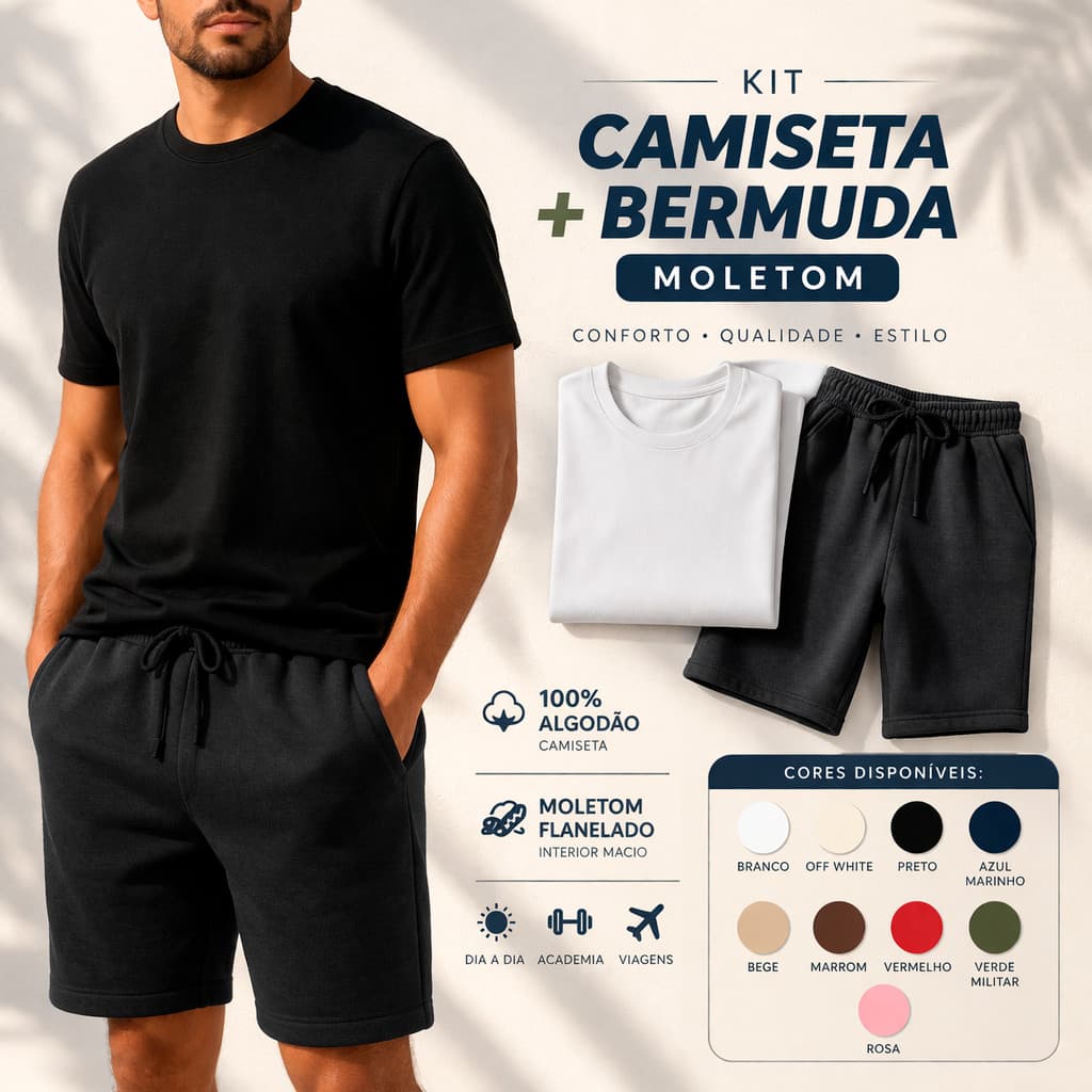 Kit Roupa Masculina Camiseta 100% Algodão + Bermuda Moletinho Flanelada Confortável Short e Camisa