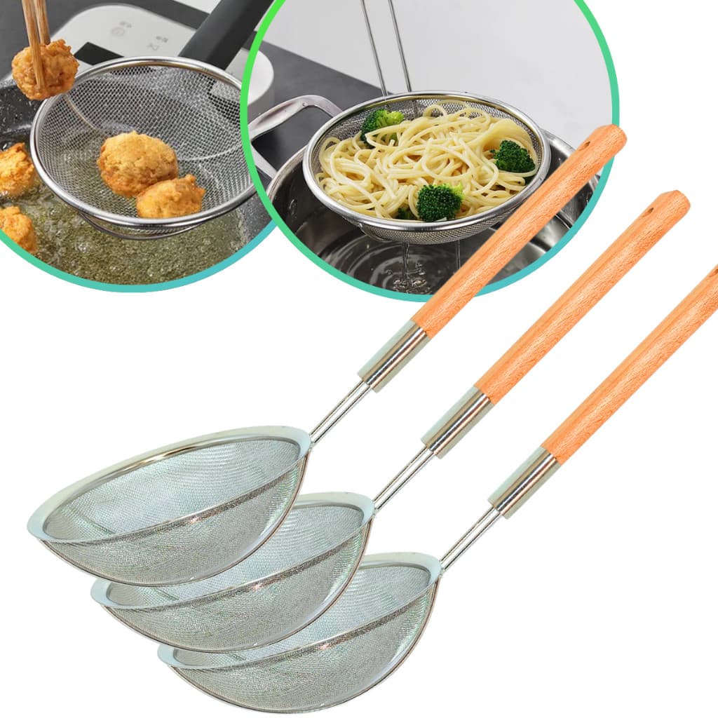 Kit 3 Escumadeira Batatas Pastel Coxinha Fritura 20cm Grande Pegador Escorredor Legumes Peneirão