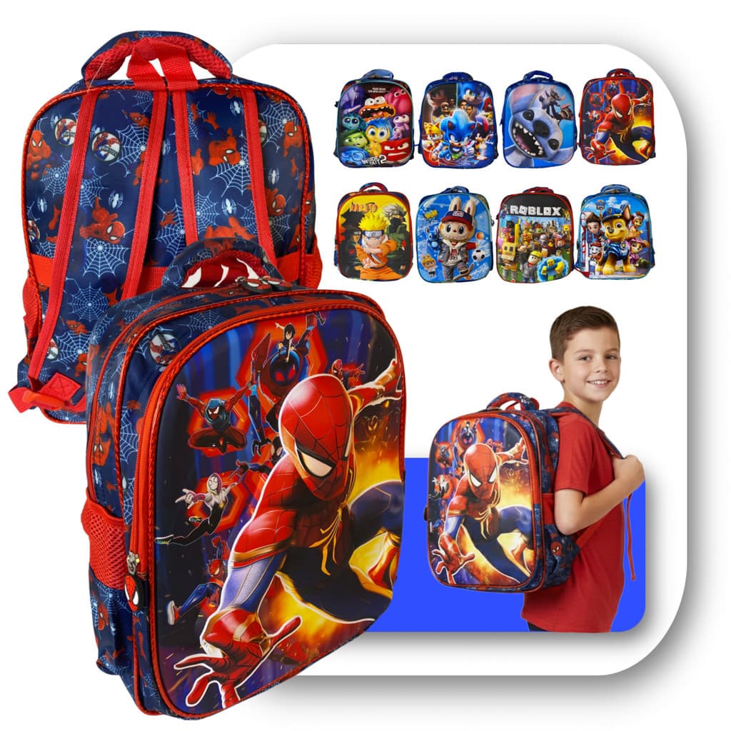 Mochila Escolar Infantil De Costas 3D Patrulha Canina Homem Aranha Hoblox Lilo Stitch Sonic Naruto Divertidamente Menino