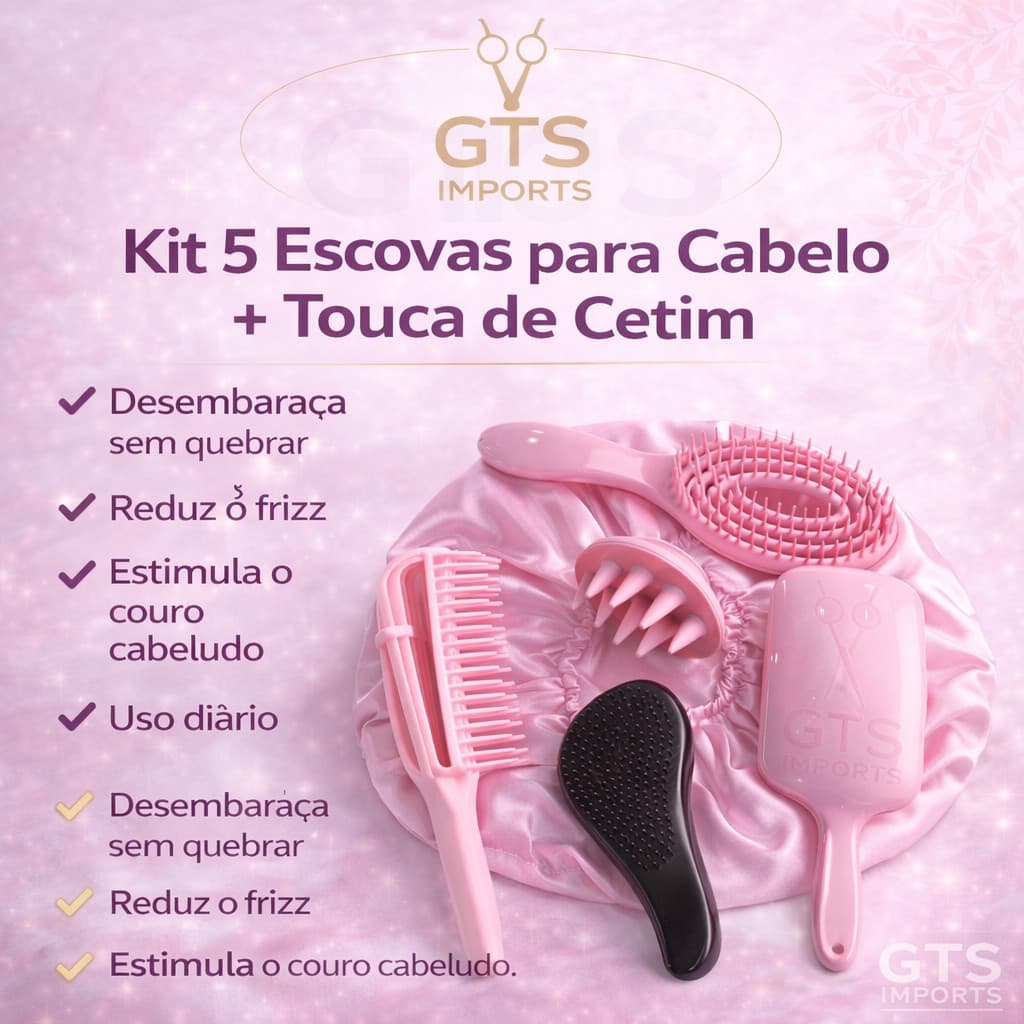 Kit 5 Escovas de Cabelo  + Touca de Cetim – Raquete Fashion, Mágica, Polvo, Massageadora de Silicone
