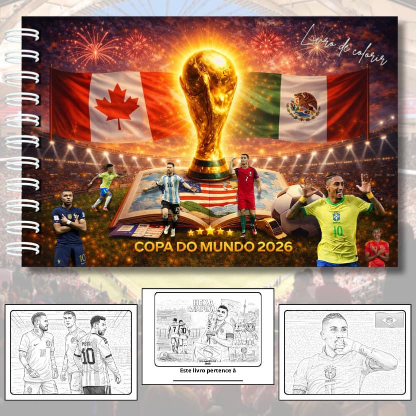 Livro De Colorir Copa Do Mundo 2026 Futebol Capa Dura 50 Páginas 180g A5 + Acetato