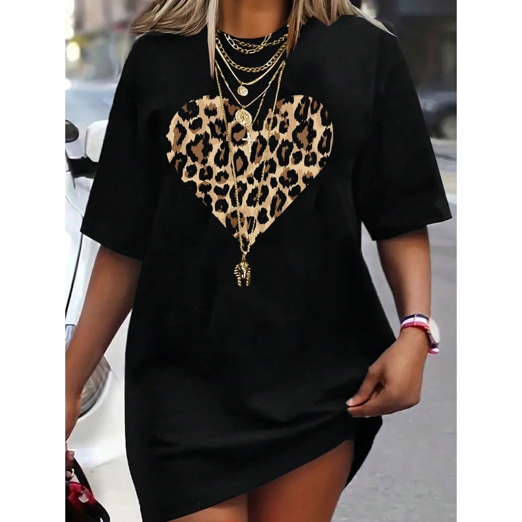 Tshirt Feminina Estilosa Estampada Coração Onça Lançamento Camiseta 100% Algodão Camisetão Camisa Oversized Plus Size 01