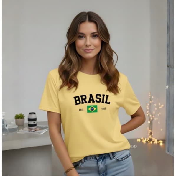 Camisa Feminina Brasil Camiseta Gola Redonda 100% Algodão