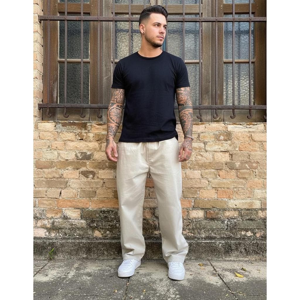 Calça Balão Bege Masculina Streetwear Premium Larga