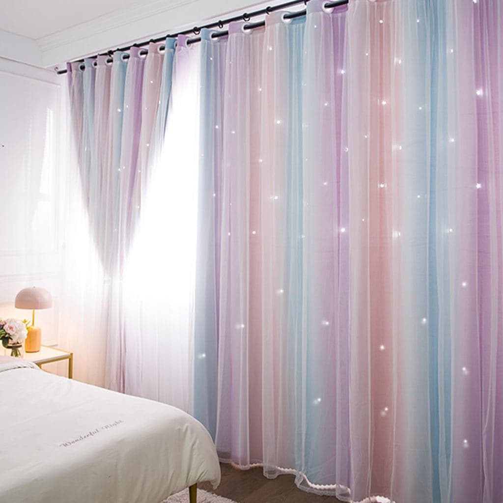 Cortinas Blackout, Cortina Listrada Gradiente Arco-Íris, Mistura De Dupla Com Sobreposição Transparente Branca Para Qu