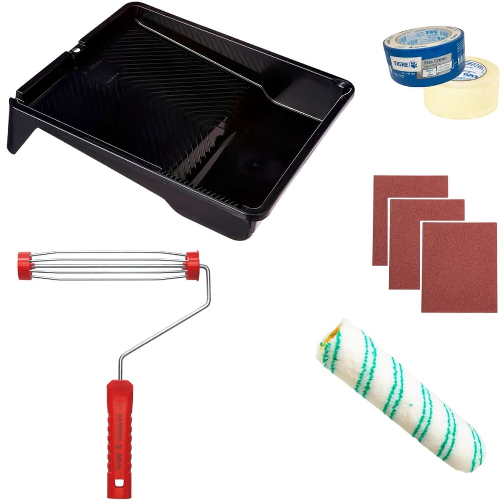 Rolo 23cm Poliamida + Suporte  Rolo 23cm + Bandeja Para Pintura  2,7L + 3 Lixas 120 + 3 Lixas 100 + Fita Crepe 48mmX50m
