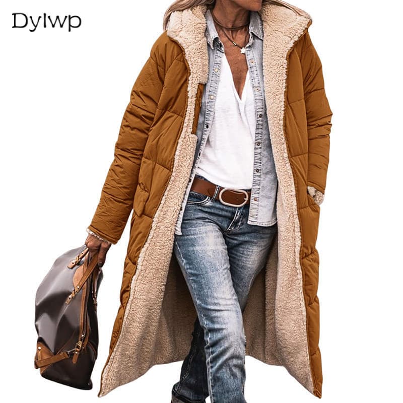 Casaco Longo Com Zíper Feminino Outono Inverno Jaqueta Casual Capuz