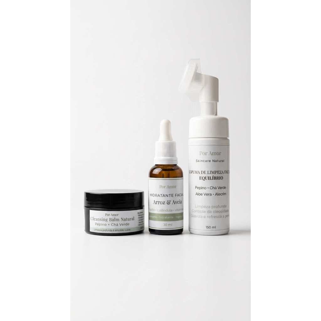 Kit Skincare Double Cleansing Por Amor | Cleansing Balm Demaquilante + Espuma + Hidratante | Pele Sensível e Oleosa